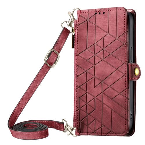 Para iPhone 15 Funda para Teléfono de Cuero con Hebilla Lateral y Billetera con Cremallera Geométrica y Cordón Cruzado (Rojo) - MOVILSTORE