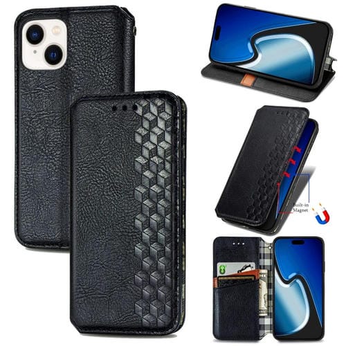 Para iPhone 15 Funda para TelĂ©fono de Cuero MagnĂ©tico Prensado con Rejilla CĂșbica (Negro) - MOVILSTORE