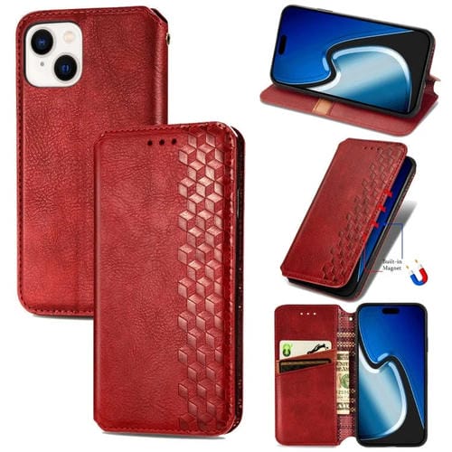 Para iPhone 15 Funda para Teléfono de Cuero Magnético Prensado con Rejilla Cúbica (Rojo) - MOVILSTORE