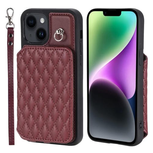 Para iPhone 15 Grid Texture Card Bag Funda para Teléfono con Cordón (Rojo) - MOVILSTORE