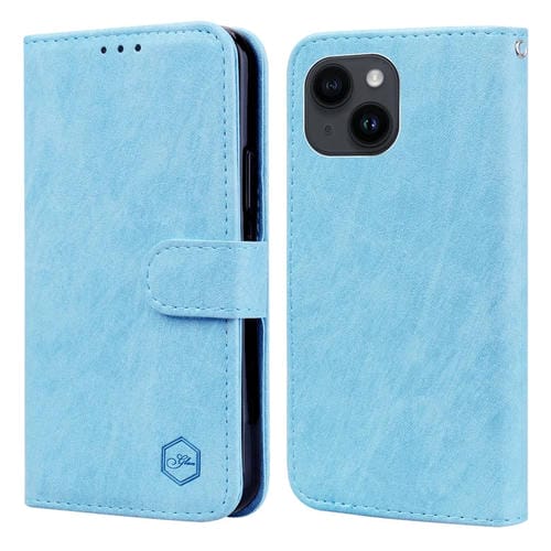 Para iPhone 15 Sensación de Piel Textura de Cuero Aceitoso Funda para Teléfono Pu + TPU (Azul Claro) - MOVILSTORE