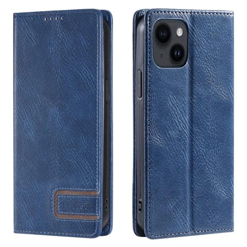 Para iPhone 15 Ttudrch Rfid Funda de Teléfono de Cuero Magnético con Textura Retro (Azul) - MOVILSTORE