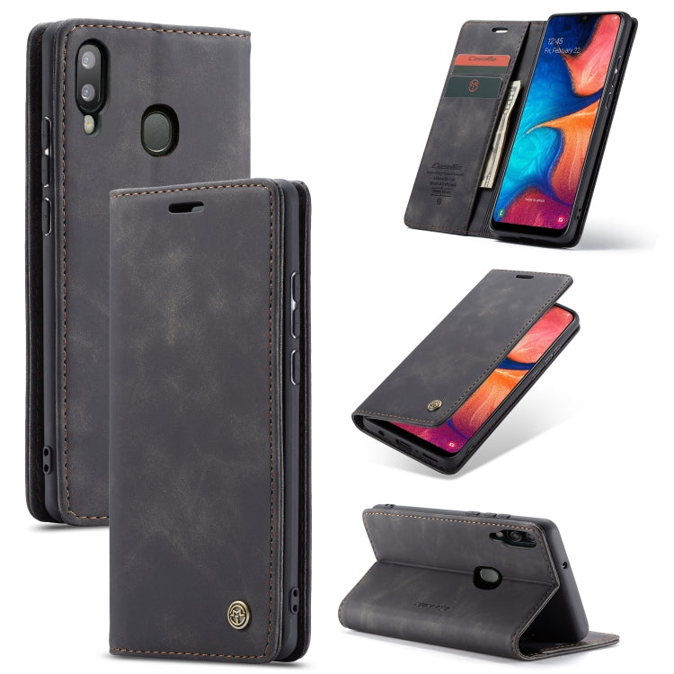 Estuche Multifuncional Caseme-013 Cuero Abatible Horizontal Retro con Ranura Tarjeta Soporte Billetera para Galaxy A20E (Negro)