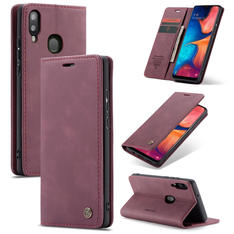 Estuche Multifuncional Caseme-013 Cuero Abatible Horizontal Retro con Ranura para Tarjeta Soporte y Billetera para Galaxy A20E (Rojo Vino)