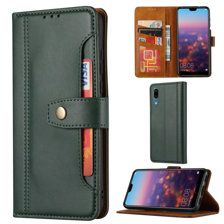 Para Huawei P20 Textura de becerro Cierre de doble pliegue horizontal Funda de cuero con tapa con marco de fotos y soporte y ranuras para tarjetas y billetera (verde)