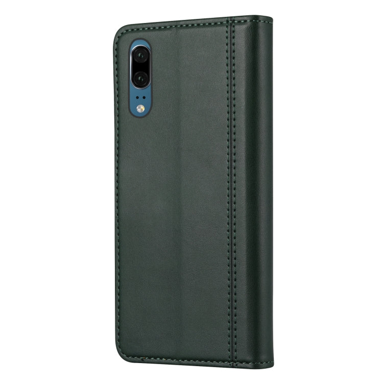Para Huawei P20 Textura de becerro Cierre de doble pliegue horizontal Funda de cuero con tapa con marco de fotos y soporte y ranuras para tarjetas y billetera (verde)