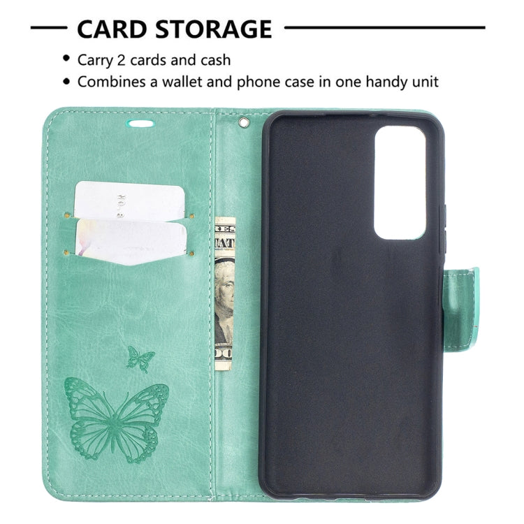 Para Huawei P Smart 2021 / Y7A Dos mariposas Estuche de cuero Horizontal Flip Flip con titular y ranura para tarjeta y billetera y cordón (verde)