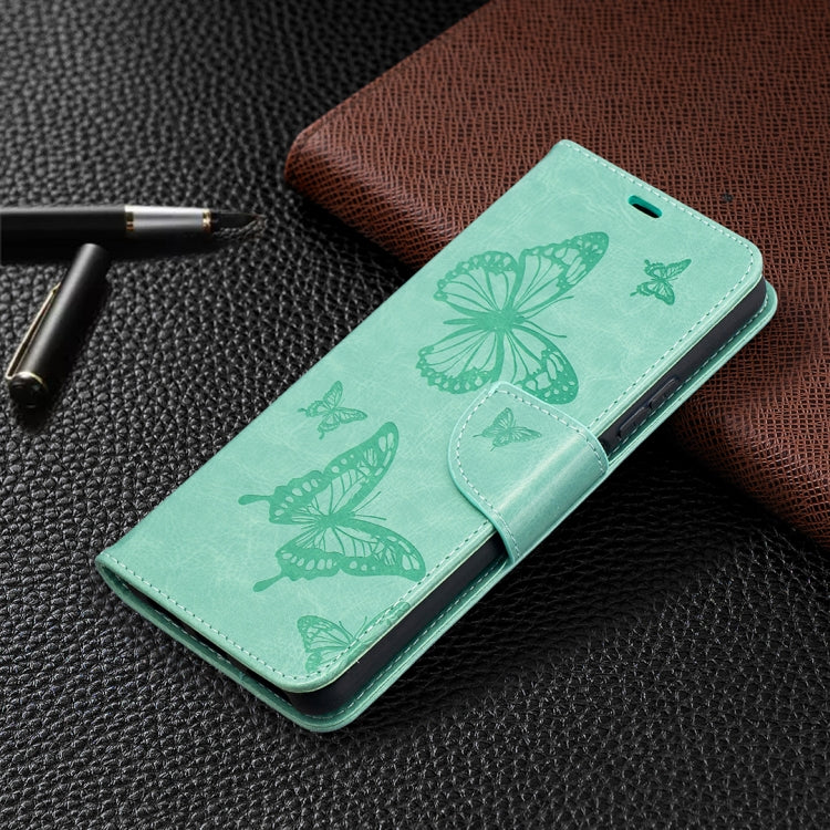 Para Huawei P Smart 2021 / Y7A Dos mariposas Estuche de cuero Horizontal Flip Flip con titular y ranura para tarjeta y billetera y cordón (verde)