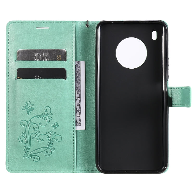 Para Huawei Y9a Patrón de estampado de mariposas 3D Funda de cuero con tapa horizontal con soporte, ranura para tarjeta y billetera (verde)