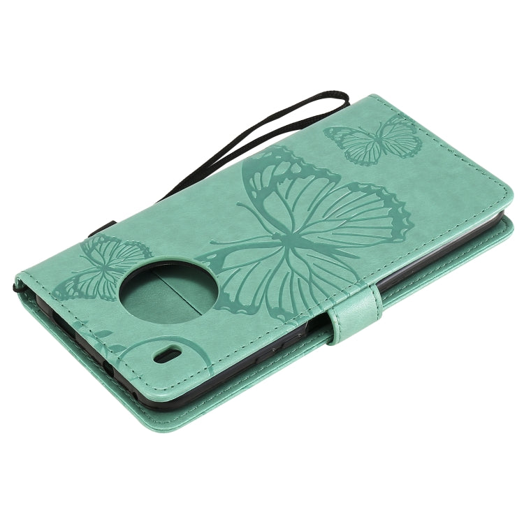 Para Huawei Y9a Patrón de estampado de mariposas 3D Funda de cuero con tapa horizontal con soporte, ranura para tarjeta y billetera (verde)