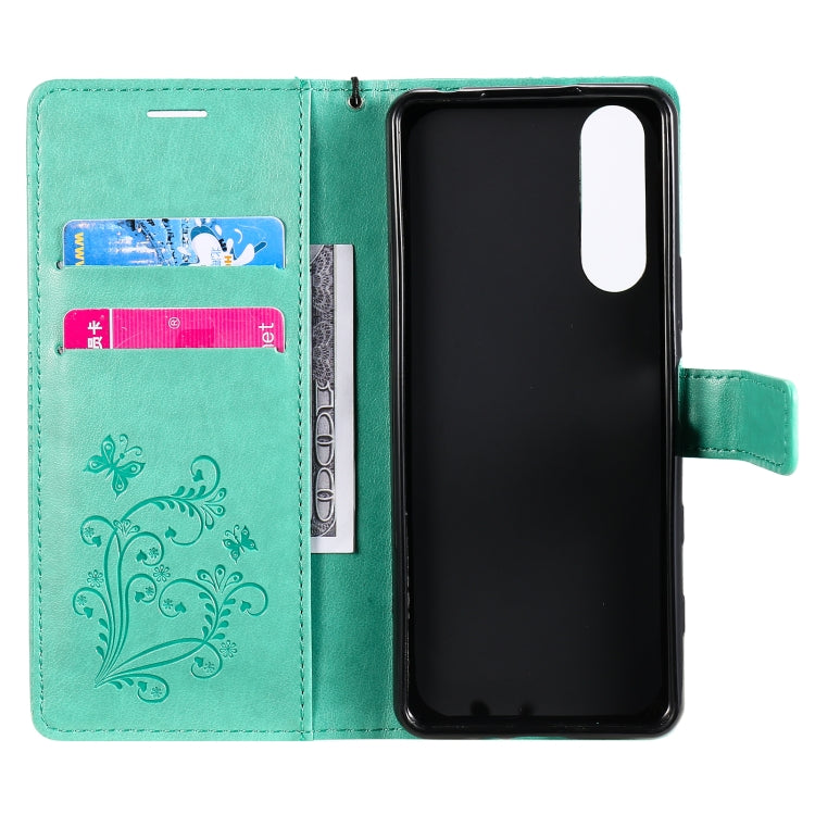 Para Sony Xperia5 II 3D Mariposas en relieve Patrón Horizontal Flip Funda de cuero con soporte y ranura para tarjeta y billetera (Verde)