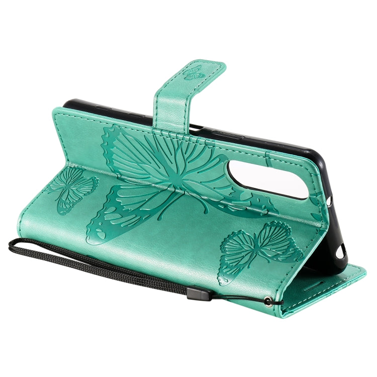 Para Sony Xperia5 II 3D Mariposas en relieve Patrón Horizontal Flip Funda de cuero con soporte y ranura para tarjeta y billetera (Verde)