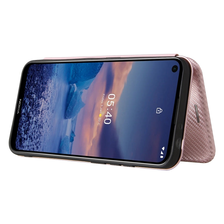 Para Nokia 5.4 Carcasa de cuero con tapa magnética horizontal con textura de fibra de carbono TPU + PC + PU con ranura para tarjeta (rosa)