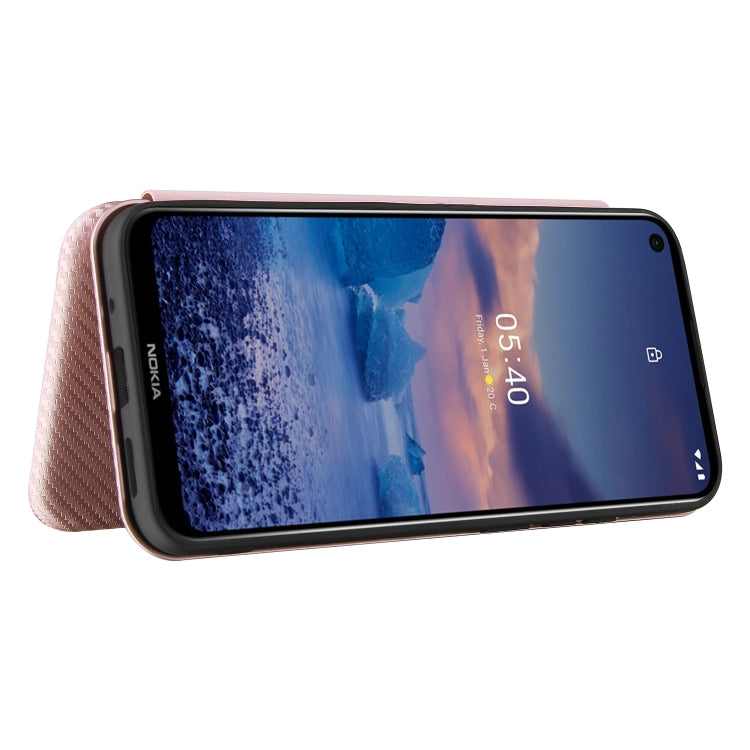 Para Nokia 5.4 Carcasa de cuero con tapa magnética horizontal con textura de fibra de carbono TPU + PC + PU con ranura para tarjeta (rosa)