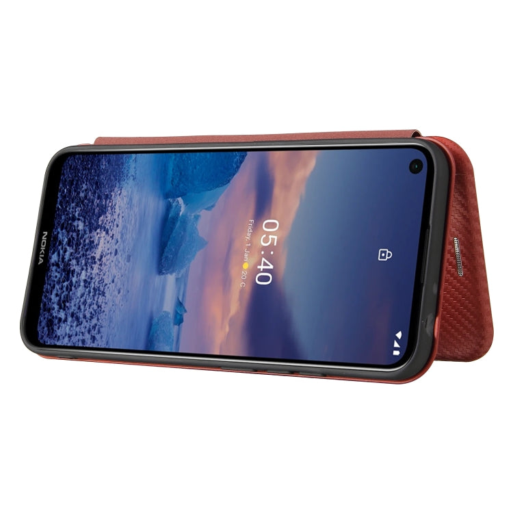 Para Nokia 5.4 Carcasa de cuero con tapa horizontal magnética con textura de fibra de carbono TPU + PC + PU con ranura para tarjeta (marrón)