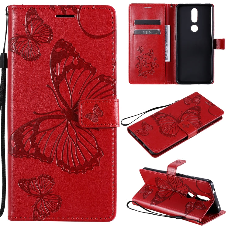 Para Nokia 2.4 3D Mariposas en relieve Patrón Funda de cuero con tapa horizontal con soporte, ranura para tarjeta y billetera (rojo)