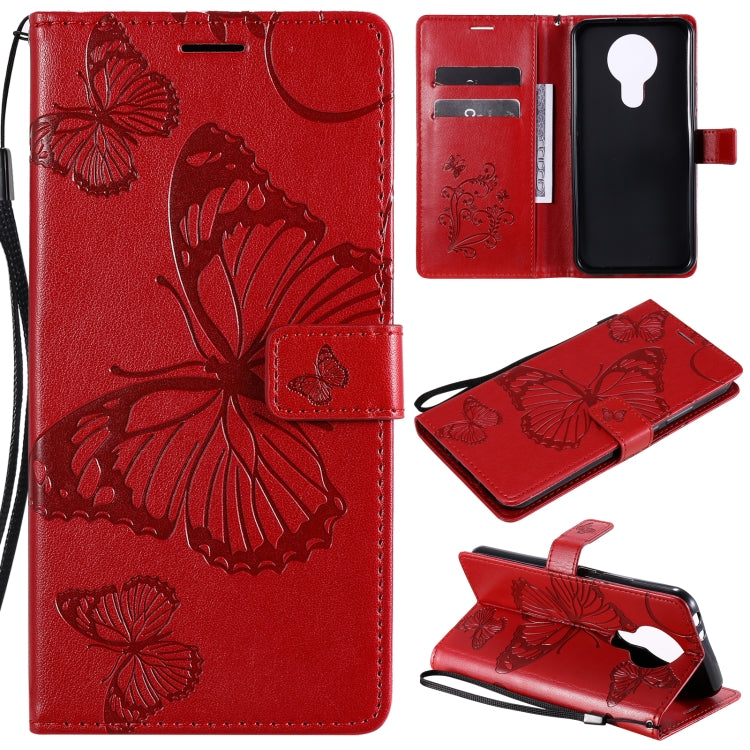 Para Nokia 3.4 3D Mariposas en relieve Patrón Horizontal Flip Funda de cuero con soporte y ranura para tarjeta y billetera (Rojo)