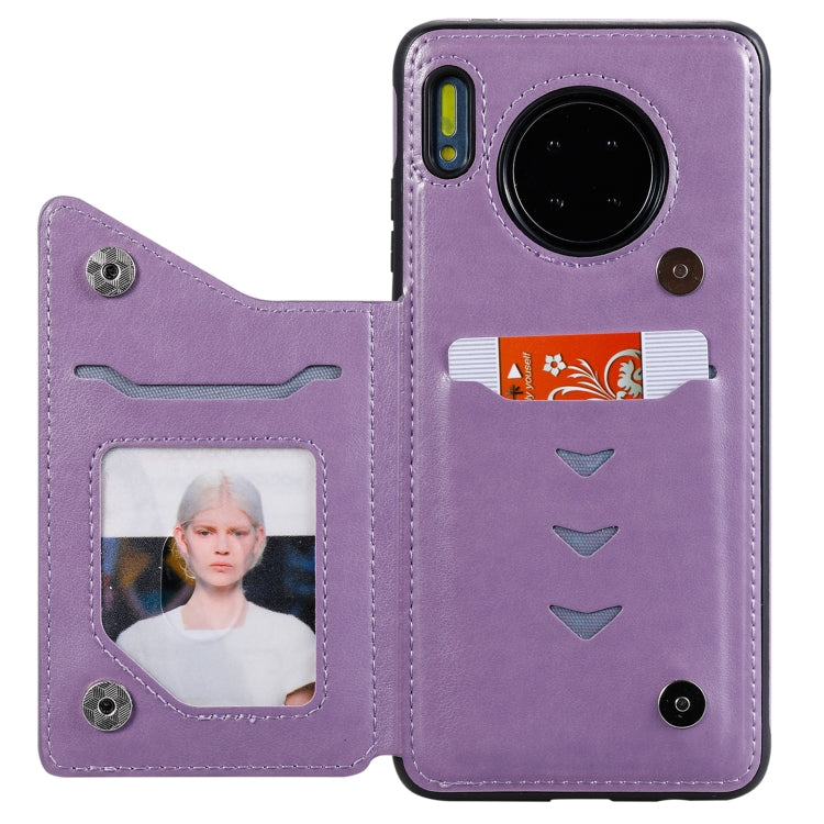 Para Huawei Mate 30 Flor Patrón de estampado en relieve Estuche protector a prueba de golpes con soporte y ranuras para tarjetas y marco de fotos (púrpura)