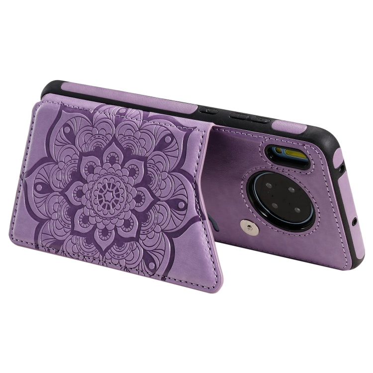 Para Huawei Mate 30 Flor Patrón de estampado en relieve Estuche protector a prueba de golpes con soporte y ranuras para tarjetas y marco de fotos (púrpura)