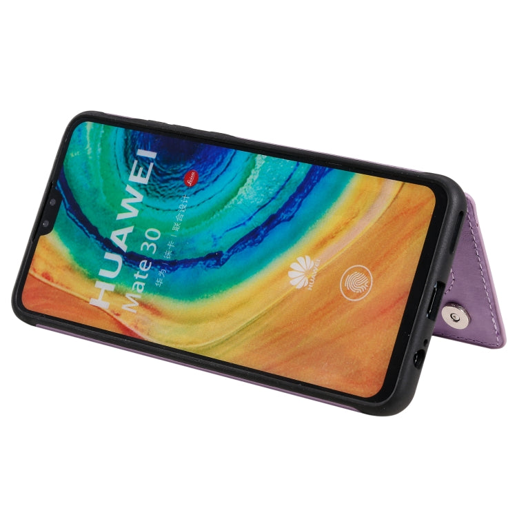 Para Huawei Mate 30 Flor Patrón de estampado en relieve Estuche protector a prueba de golpes con soporte y ranuras para tarjetas y marco de fotos (púrpura)