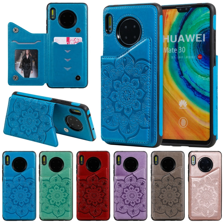 Para Huawei Mate 30 Flor Patrón de estampado en relieve Estuche protector a prueba de golpes con soporte y ranuras para tarjetas y marco de fotos (púrpura)
