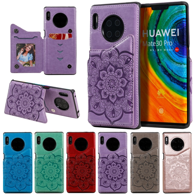 Para Huawei Mate 30 Pro Flor Patrón de estampado de estampado de estampado de impermeables con soporte y ranuras para tarjetas y marco de fotos (púrpura)