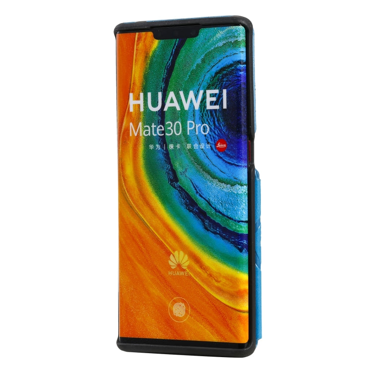 Para Huawei Mate 30 PRO Flower Patrón de estampado de estampado de impermeable con soporte y ranuras para tarjetas y marco de fotos (azul)