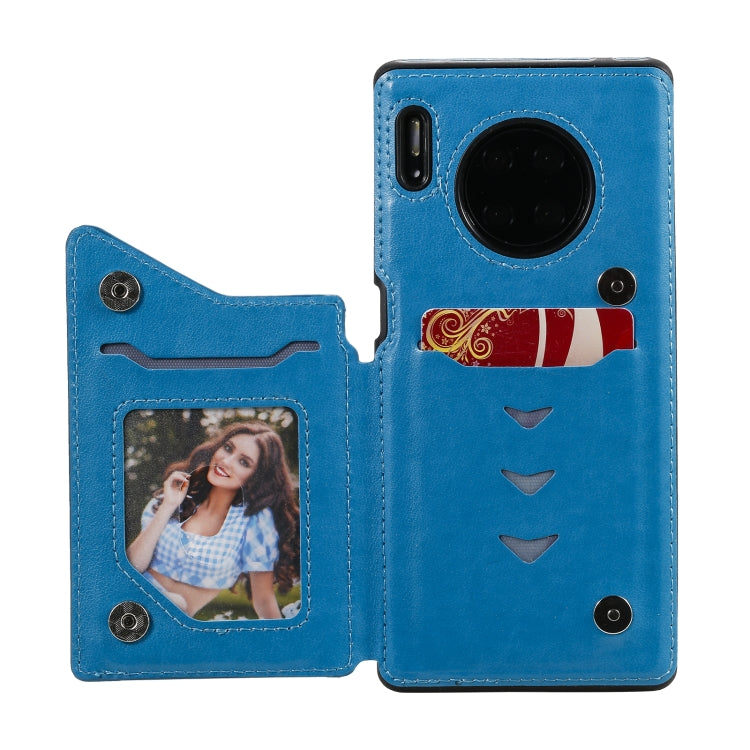 Para Huawei Mate 30 PRO Flower Patrón de estampado de estampado de impermeable con soporte y ranuras para tarjetas y marco de fotos (azul)