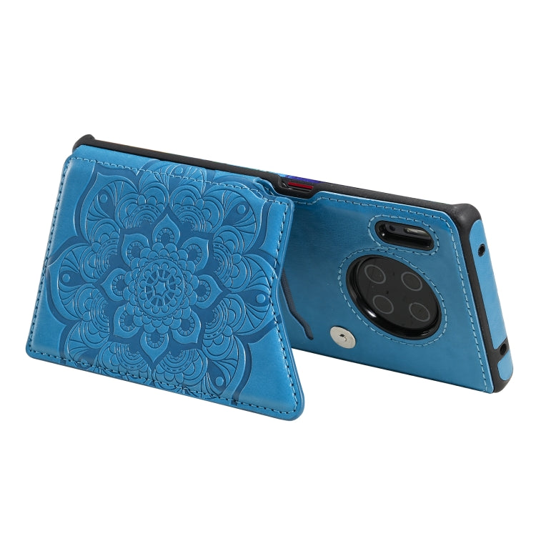Para Huawei Mate 30 PRO Flower Patrón de estampado de estampado de impermeable con soporte y ranuras para tarjetas y marco de fotos (azul)