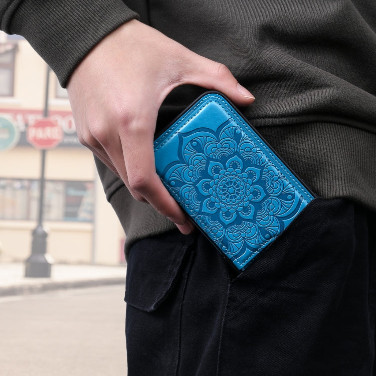 Para Huawei Mate 30 PRO Flower Patrón de estampado de estampado de impermeable con soporte y ranuras para tarjetas y marco de fotos (azul)