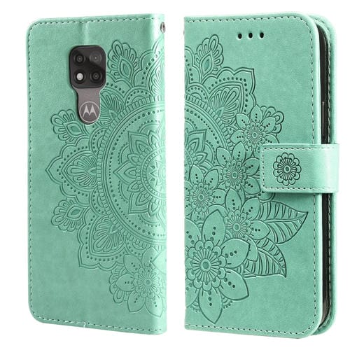 Para Motorola Moto G Play 2021 7-Petal Flowers Patrón de estampado de estampado Horizontal Flip PU Funda de cuero con soporte y ranuras para tarjetas y marco de fotos (verde)