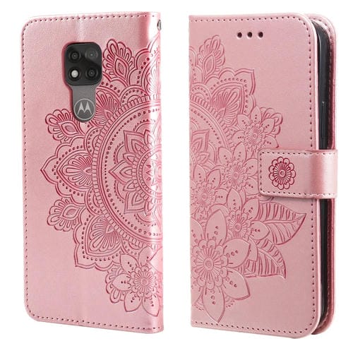 Para Motorola Moto G Play 2021 7-Petal Flowers Patrón de estampado de estampado Horizontal Flip PU Funda de cuero con soporte y ranuras para tarjetas y marco de fotos (oro rosa)