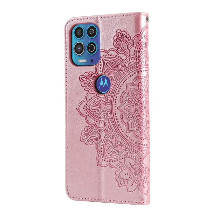 Para Motorola Moto G100 / EDGE S 7-Petal Flowers Patrón de estampado de estampado de PU Horizontal Funda de cuero con soporte y ranuras para tarjetas y marco de fotos (oro rosa)