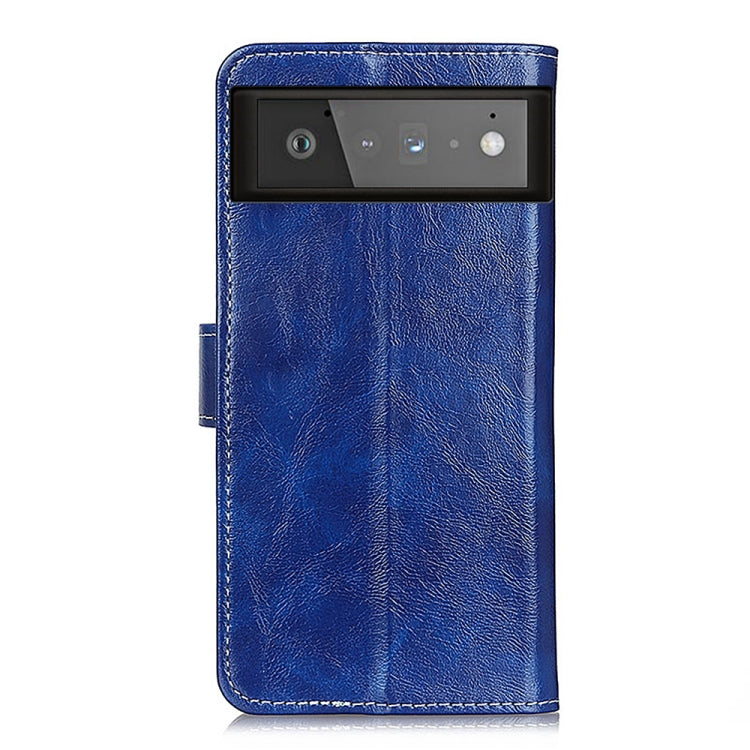 Para Google Pixel 6 Retro Crazy Horse Texture Horizontal Flip Funda de cuero con soporte y ranuras para tarjetas y marco y billetera (azul)