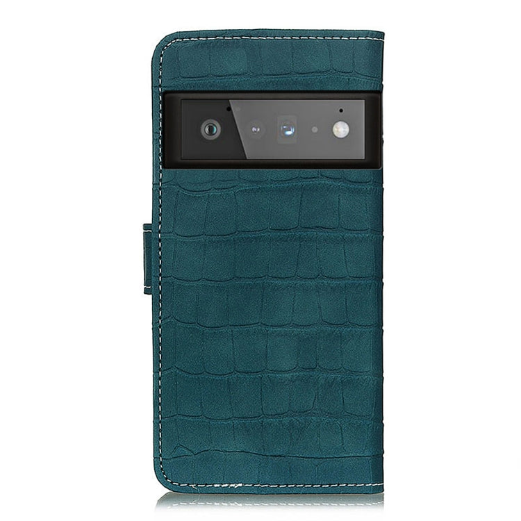 Para Google Pixel 6 Pro CroCodile Texture Horizontal Flip Funda de cuero con soporte y ranuras para tarjetas y marco de fotos y billetera (verde oscuro)