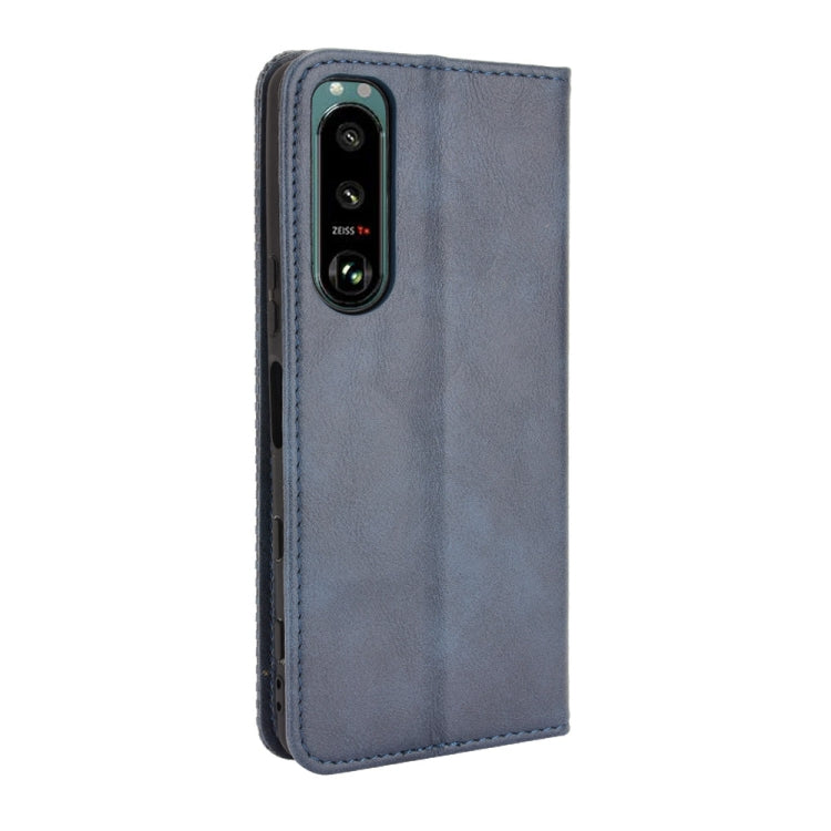 Para Sony Xperia 5 III Hebilla magnética Retro Crazy Horse Texture Horizontal Flip Funda con soporte y ranuras para tarjetas y marco de fotos (azul)