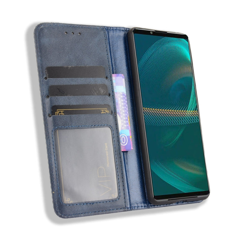 Para Sony Xperia 5 III Hebilla magnética Retro Crazy Horse Texture Horizontal Flip Funda con soporte y ranuras para tarjetas y marco de fotos (azul)