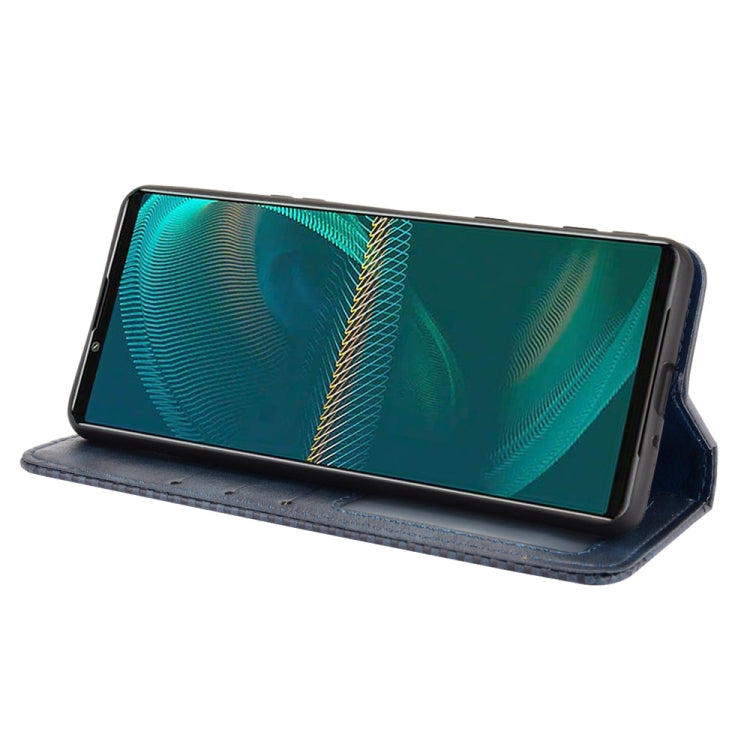 Para Sony Xperia 5 III Hebilla magnética Retro Crazy Horse Texture Horizontal Flip Funda con soporte y ranuras para tarjetas y marco de fotos (azul)
