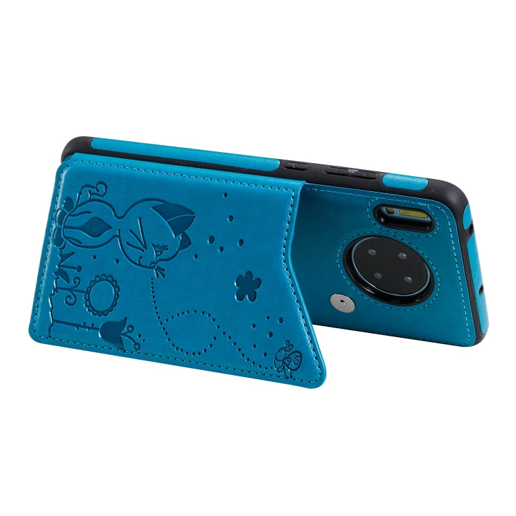 Para Huawei Mate 30 Cat Bee Estuche protector a prueba de golpes con patrón de relieve con ranuras para tarjetas y marco de fotos (azul)