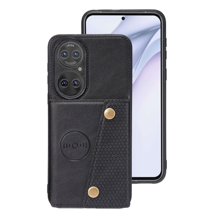 Para Huawei P50 doble hebilla PU + TPU Funda protectora magnética a prueba de golpes con ranura para tarjeta y soporte (negro)