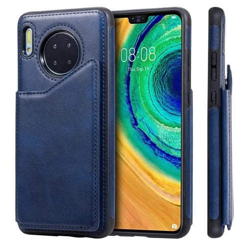 Funda de cuero con tapa horizontal con textura de becerro para Huawei Mate 30 con soporte, ranuras para tarjetas y marco (azul)
