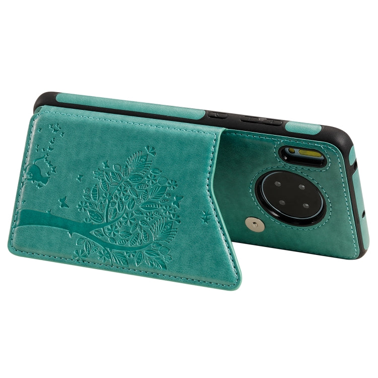 Funda protectora a prueba de golpes con patrón en relieve de árbol de gato Huawei Mate 30 con ranuras para tarjetas y marco de fotos (verde)