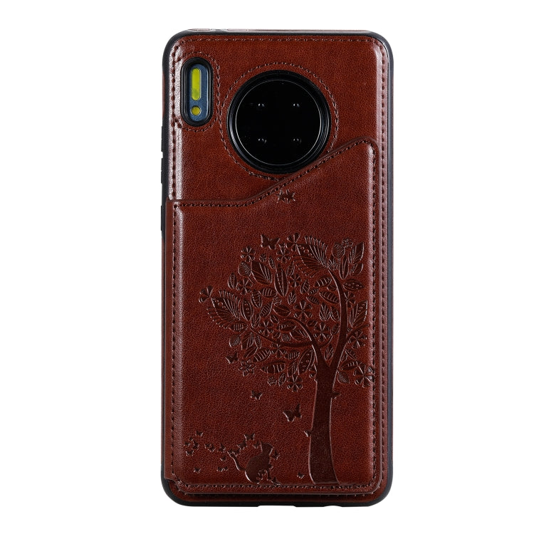 Funda protectora a prueba de golpes con patrón de relieve de árbol de gato Huawei Mate 30 con ranuras para tarjetas y marco de fotos (marrón)