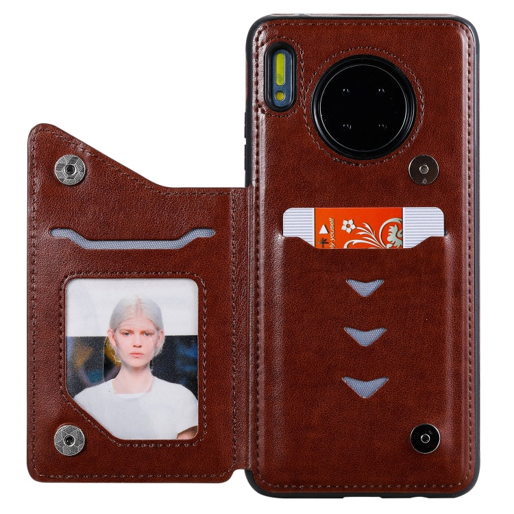 Funda protectora a prueba de golpes con patrón de relieve de árbol de gato Huawei Mate 30 con ranuras para tarjetas y marco de fotos (marrón)
