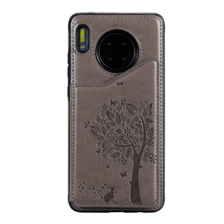 Funda protectora a prueba de golpes con patrón en relieve de árbol de gato Huawei Mate 30 con ranuras para tarjetas y marco de fotos (gris)