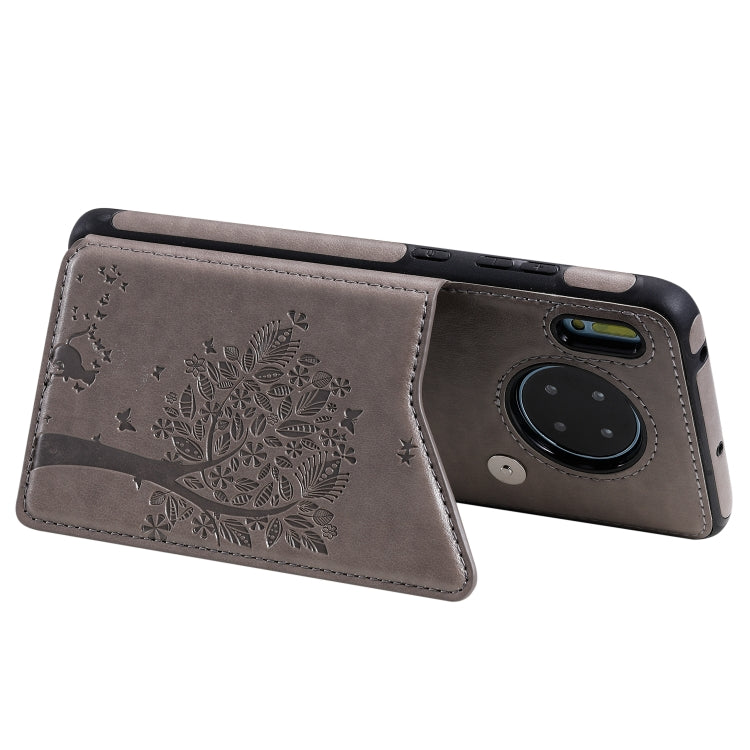 Funda protectora a prueba de golpes con patrón en relieve de árbol de gato Huawei Mate 30 con ranuras para tarjetas y marco de fotos (gris)
