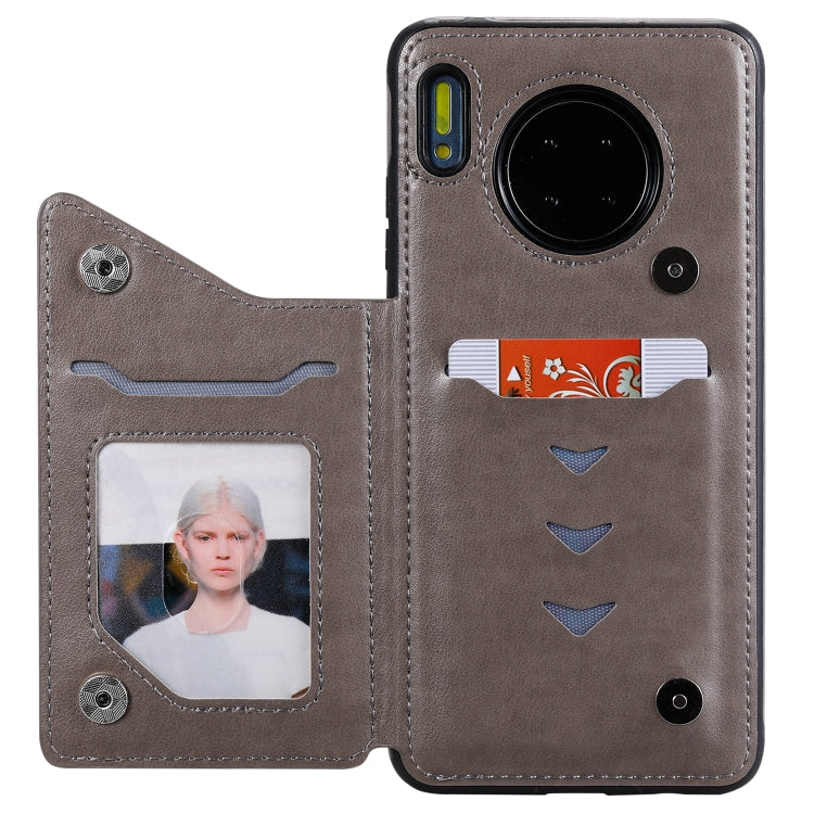 Funda protectora a prueba de golpes con patrón en relieve de árbol de gato Huawei Mate 30 con ranuras para tarjetas y marco de fotos (gris)