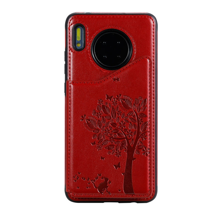 Funda protectora a prueba de golpes con patrón en relieve de árbol de gato Huawei Mate 30 con ranuras para tarjetas y marco de fotos (rojo)