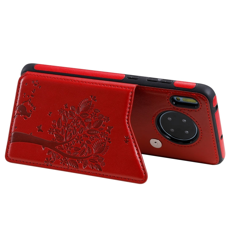 Funda protectora a prueba de golpes con patrón en relieve de árbol de gato Huawei Mate 30 con ranuras para tarjetas y marco de fotos (rojo)