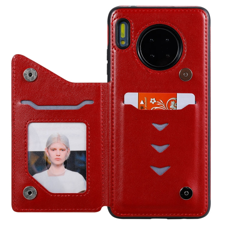 Funda protectora a prueba de golpes con patrón en relieve de árbol de gato Huawei Mate 30 con ranuras para tarjetas y marco de fotos (rojo)